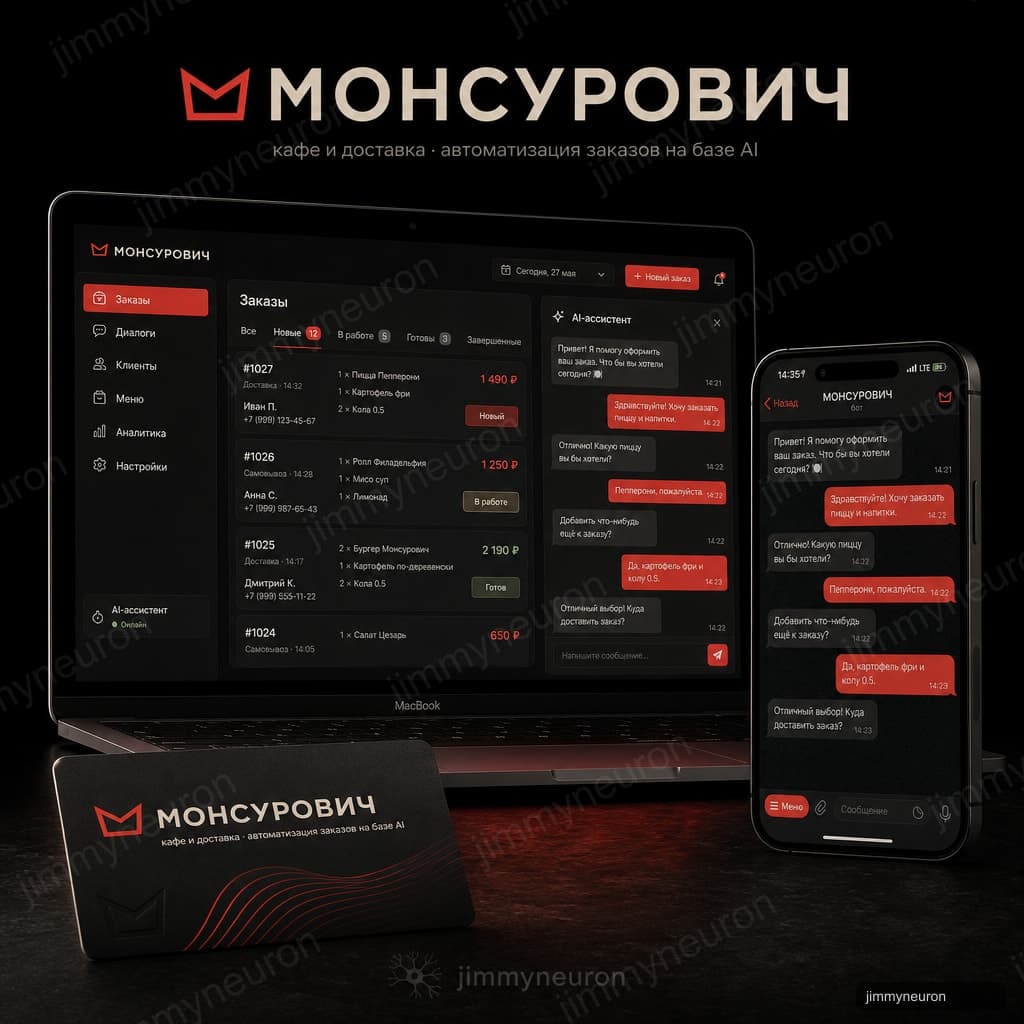 Превью кейса МОНСУРОВИЧ: Автоматизация заказов для сети ресторанов - проект JimmyNeuron